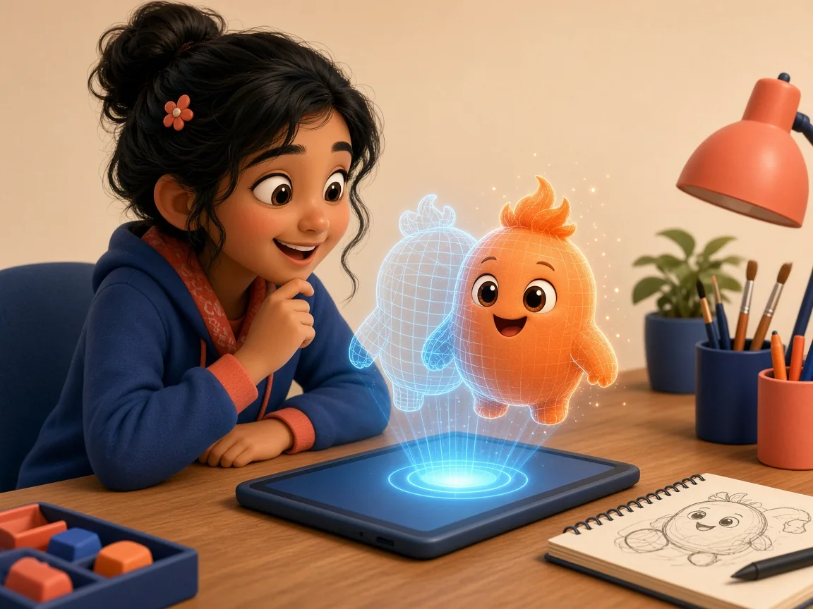 A girl watching a cute orange character she designed appear as a hologram above her tablet
