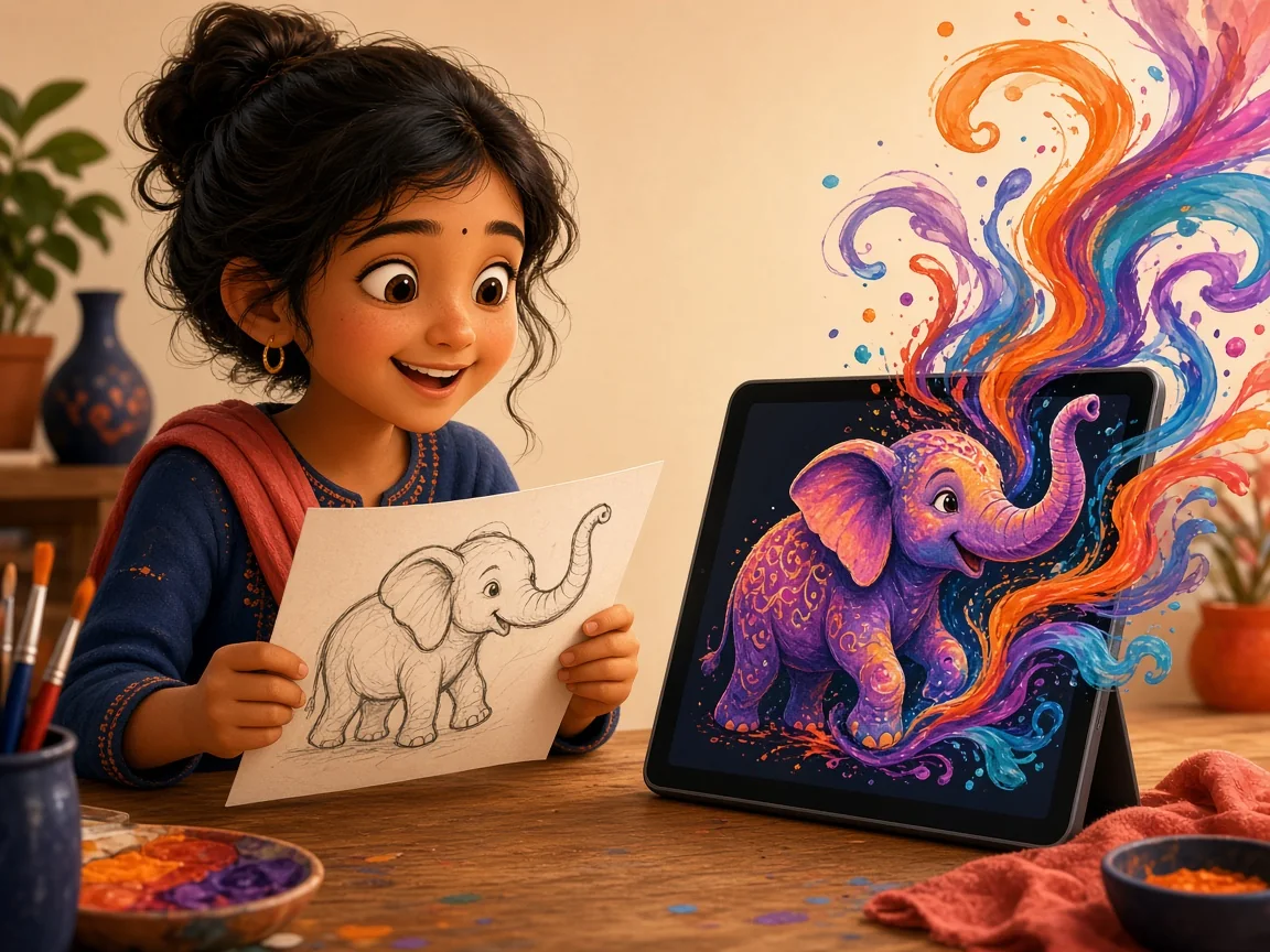 A girl holds up a pencil sketch of an elephant while a tablet shows it turned into a vibrant painting