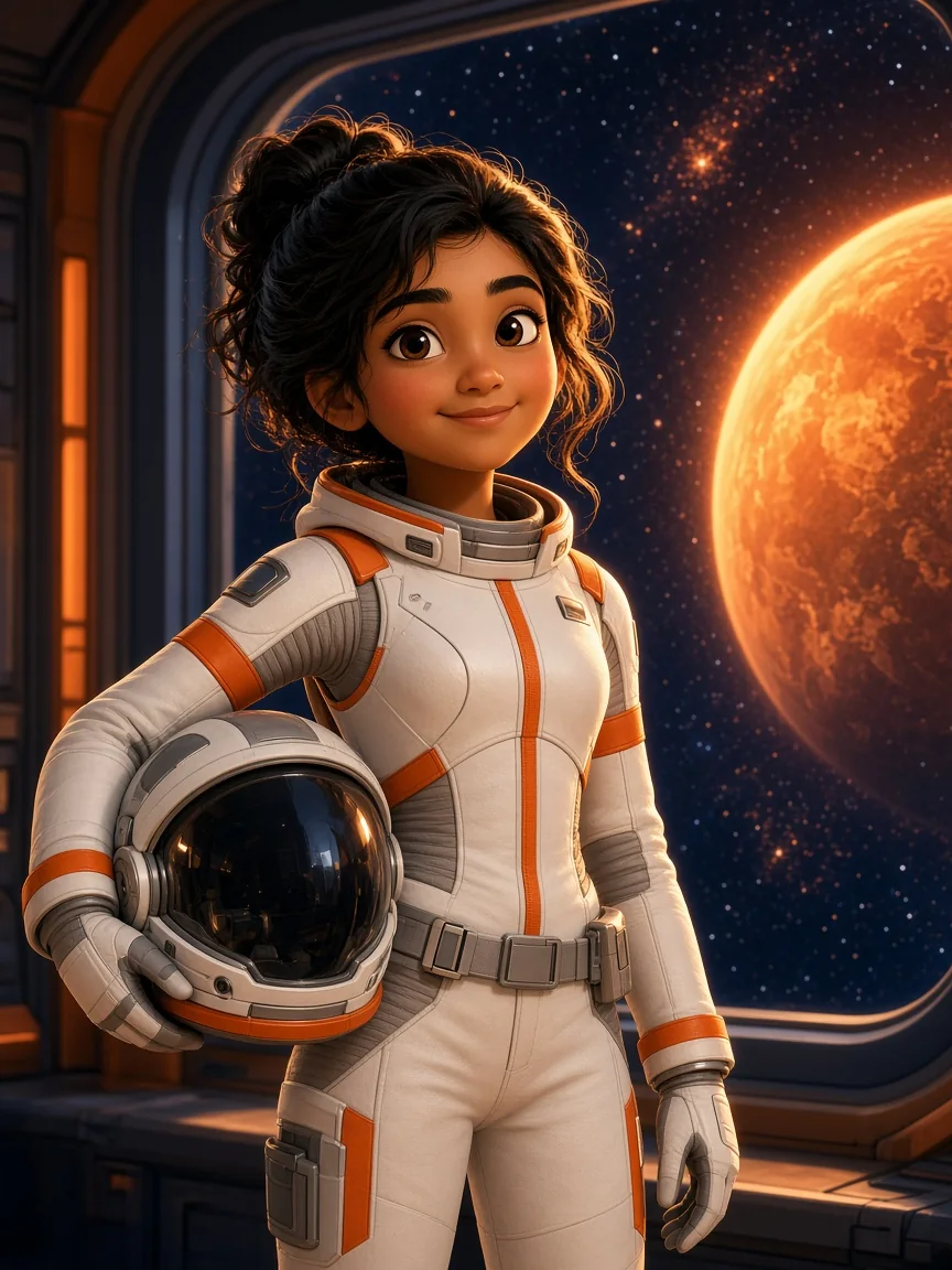 A girl imagined as a future astronaut in a spacesuit, holding her helmet in front of a planet