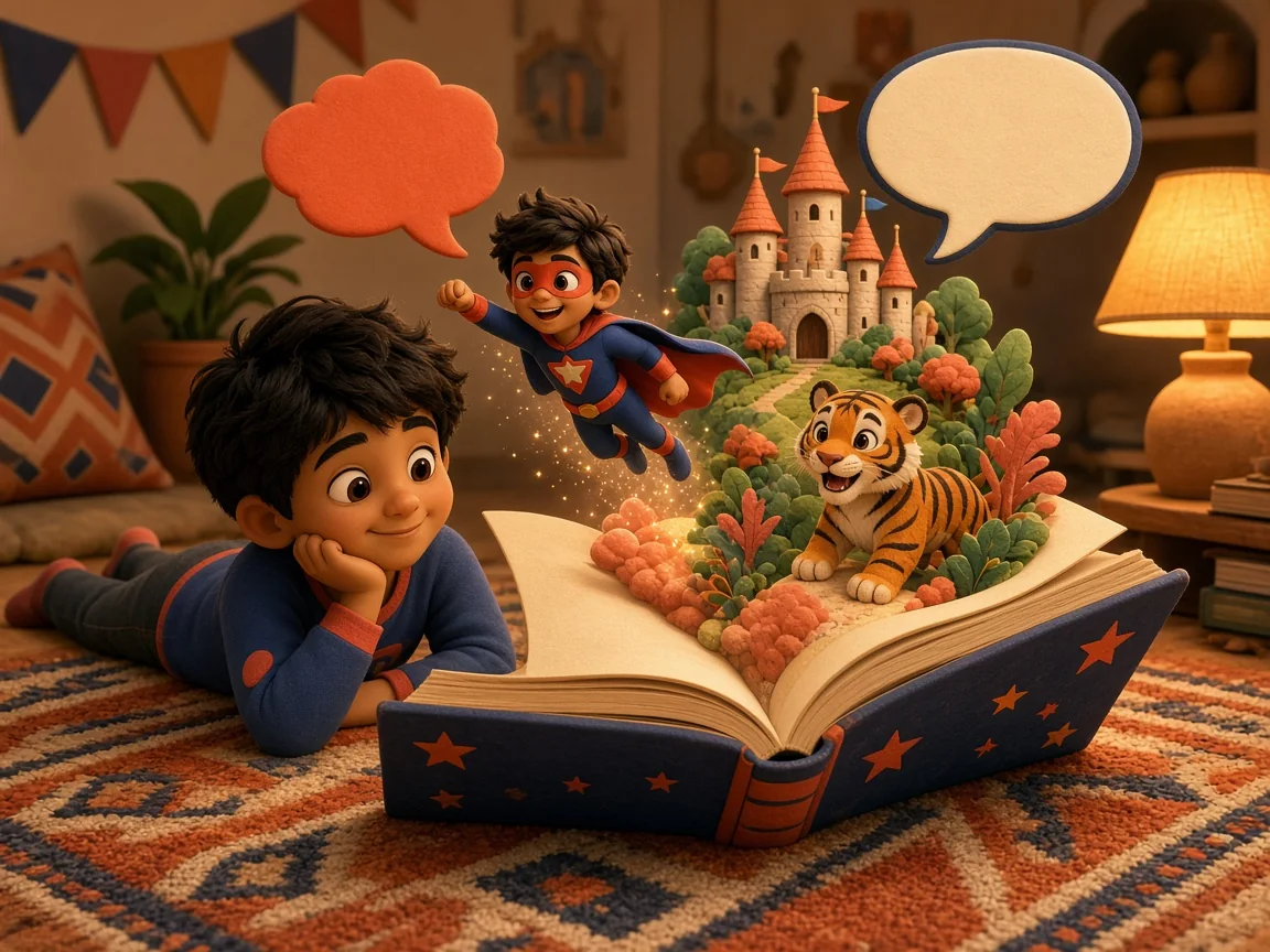 A boy reading a giant storybook with a superhero, a tiger and a castle popping out of the pages