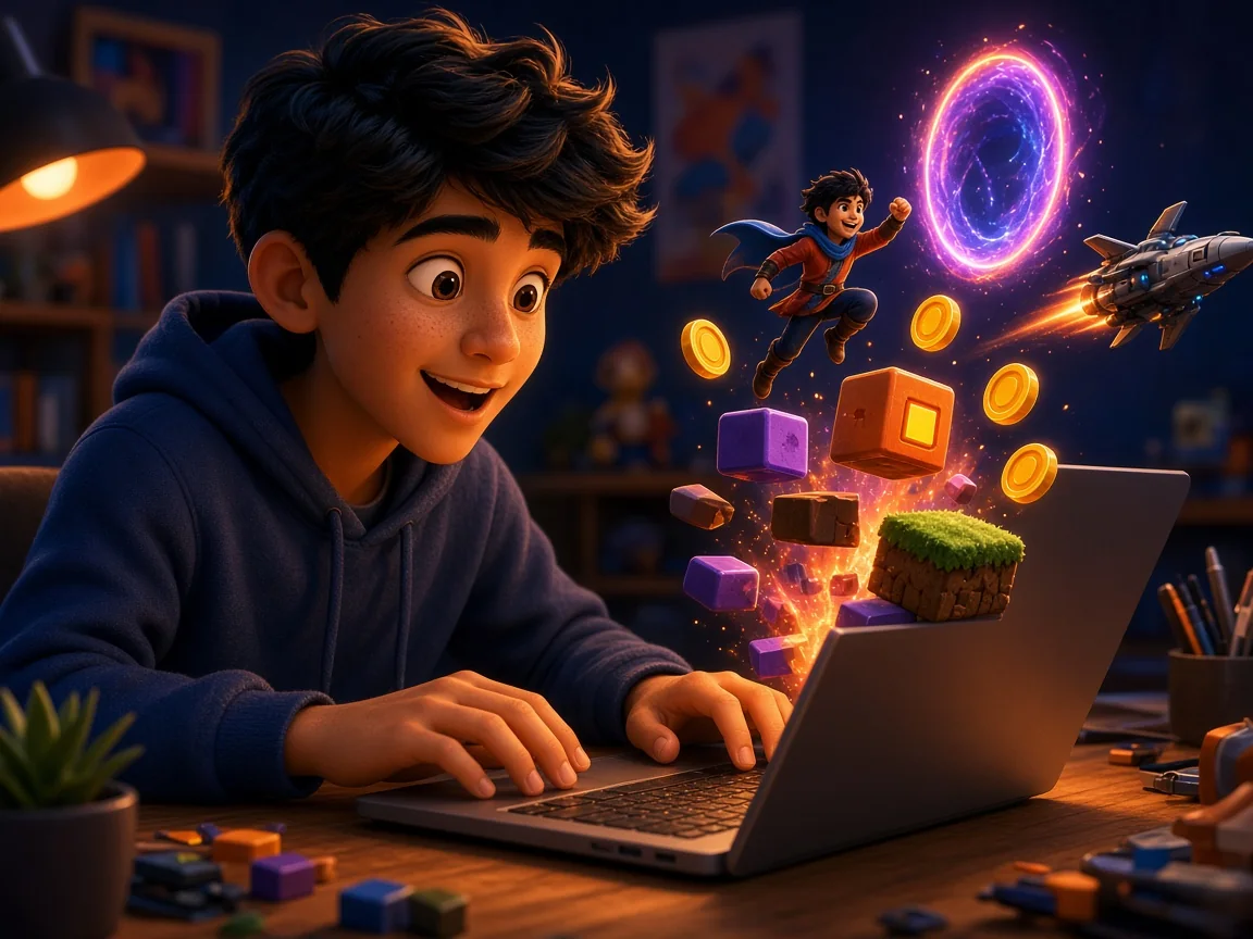 A teenager building a video game on a laptop with blocks, coins and a character leaping out of the screen