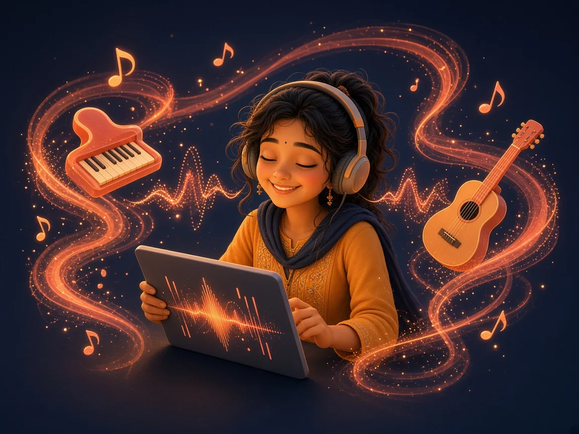 A girl in headphones composing a song on a tablet with music notes and instruments swirling around her