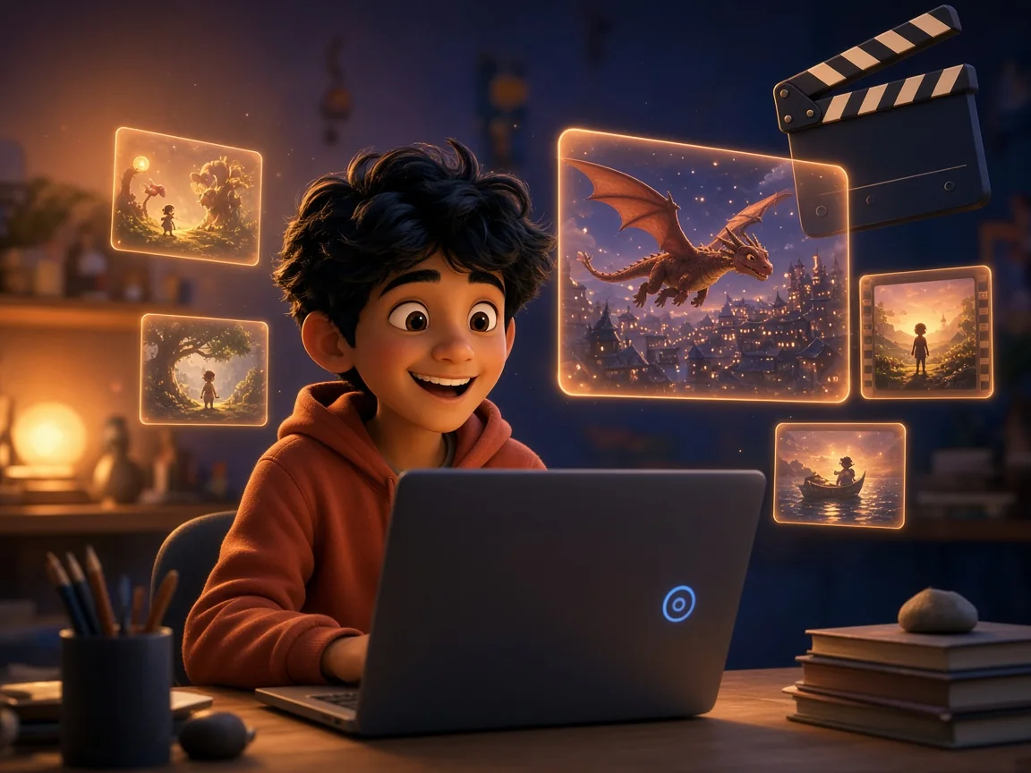 A boy at a laptop surrounded by floating frames from his own animated film, including a flying dragon