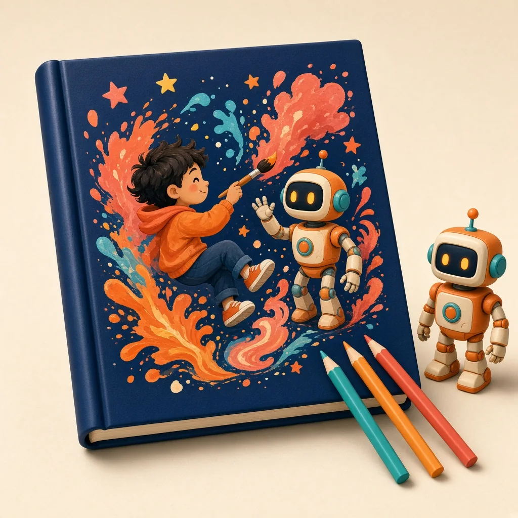 Illustration of the AI Super Creators book with a child and a friendly robot on the cover
