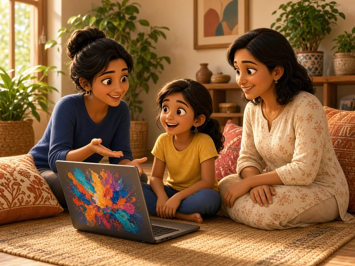 A counsellor sitting with a mother and her daughter at home, showing a colourful creation on a laptop